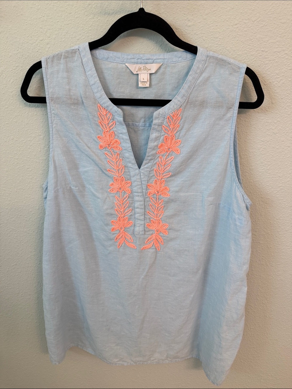 Lilly Pulitzer Light Blue Sleeveless Top with Coral Embroidery